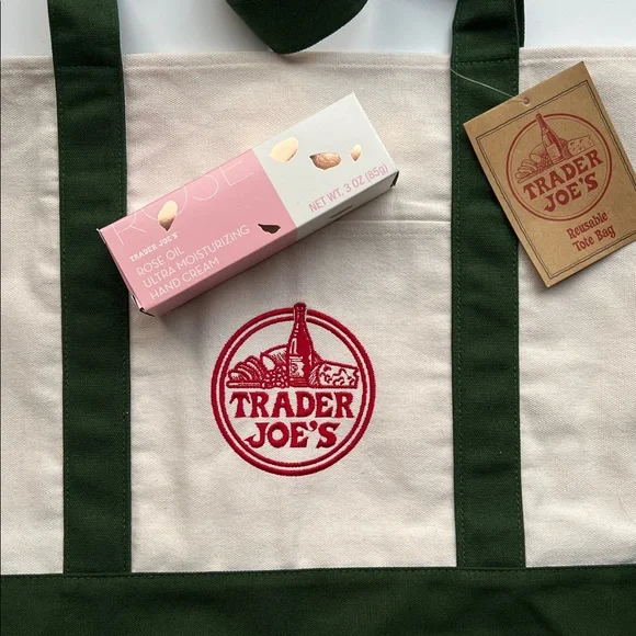 Trader Joe's Large Canvas Tote Bag with Green Straps & Rose Oil Hand Cream - Picture 4 of 8